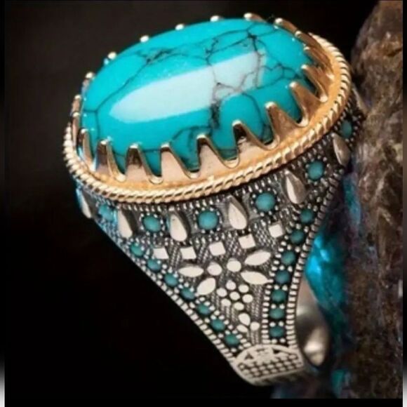 Vintage Unisex Electroplated Two-tone Inlaid Turquoise Ring - Picture 3 of 8